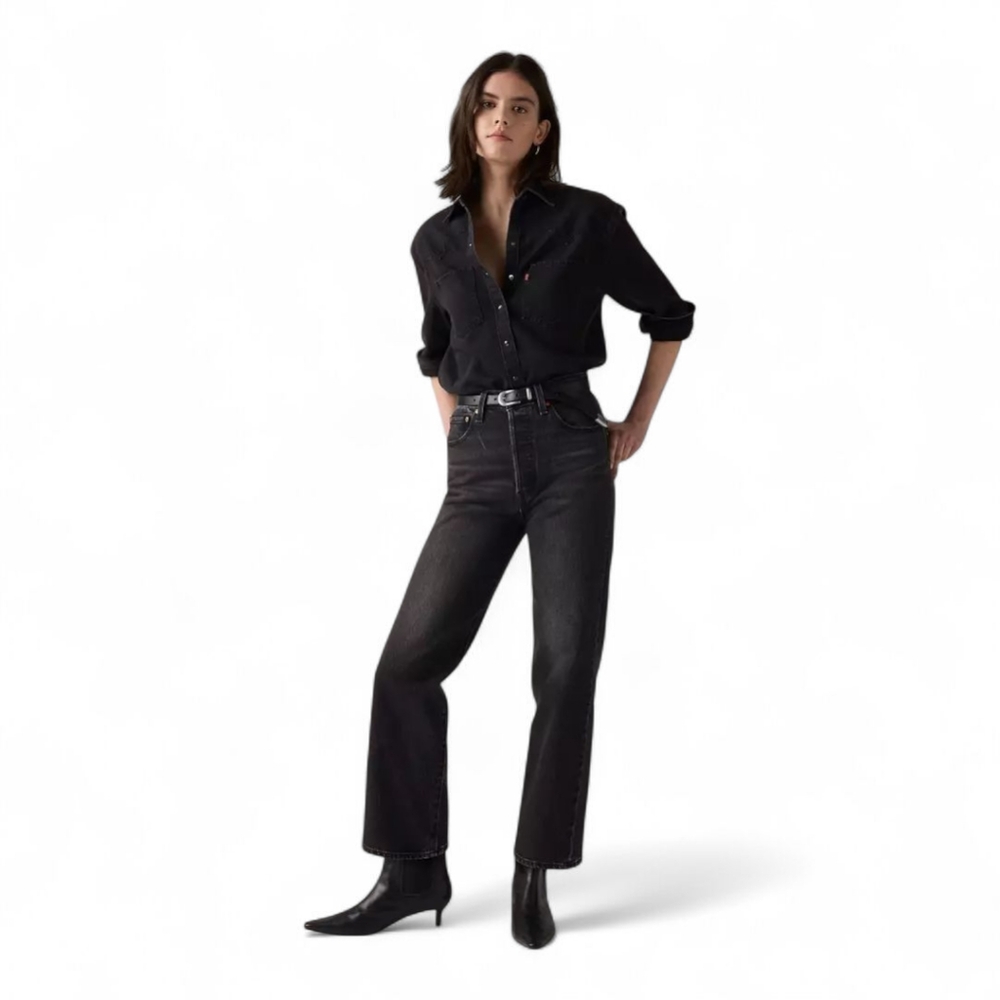 Levi’s Iconic Ribcage High Rise Straight Leg Jeans Black Denim Sz 27 - Picture 14 of 16